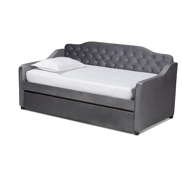 Baxton Studio Freda Grey Velvet Upholstered and Tufted Twin Size Daybed with Trundle 163-10332
